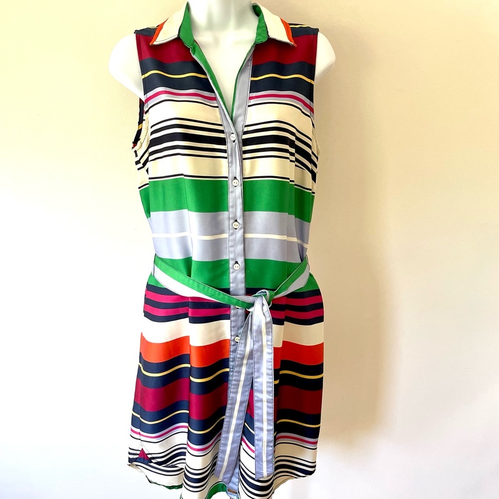 Tommy Hilfiger Stripped Button Down Dress Size M Tie Waist Sleeveless Shirtdress